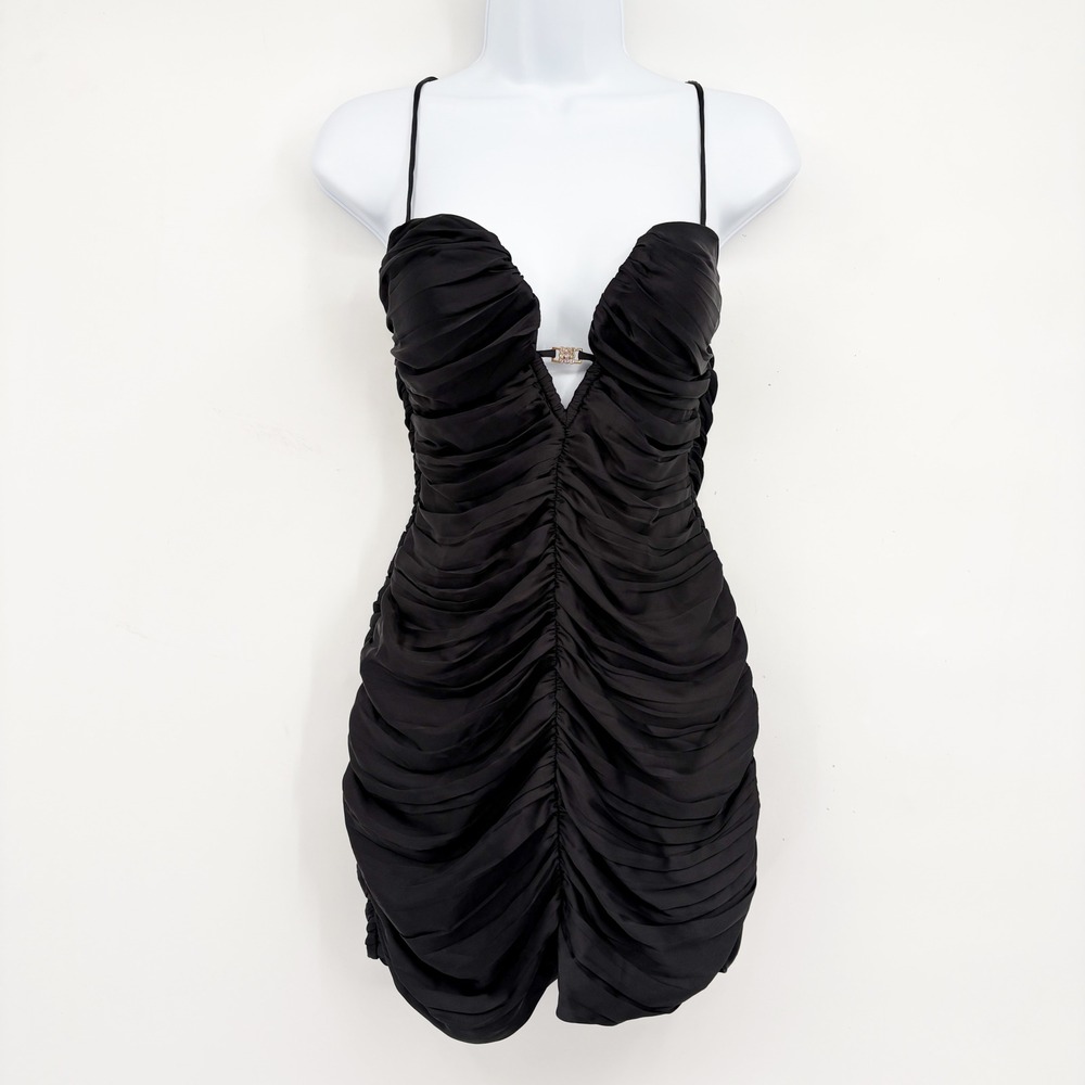 Zara Womens Black Ruched Rhinestone Buckle Glam Bodycon Party Mini Dress Size S - Picture 2 of 8
